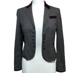 Juicy Couture Women’s Plaid Fitted Blazer Jacket Velvet Trim Wool Blend Sz 2